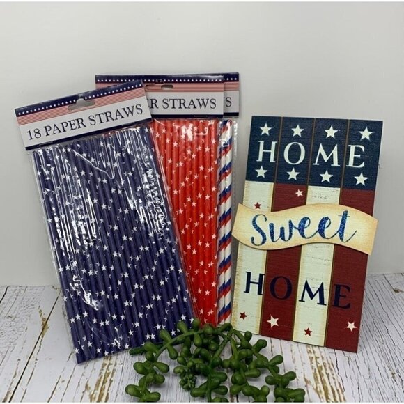 Patriotic Home Sweet Home Sign 8 Inch 54 Paper Straws Stars Stripes Red White - Picture 6 of 6